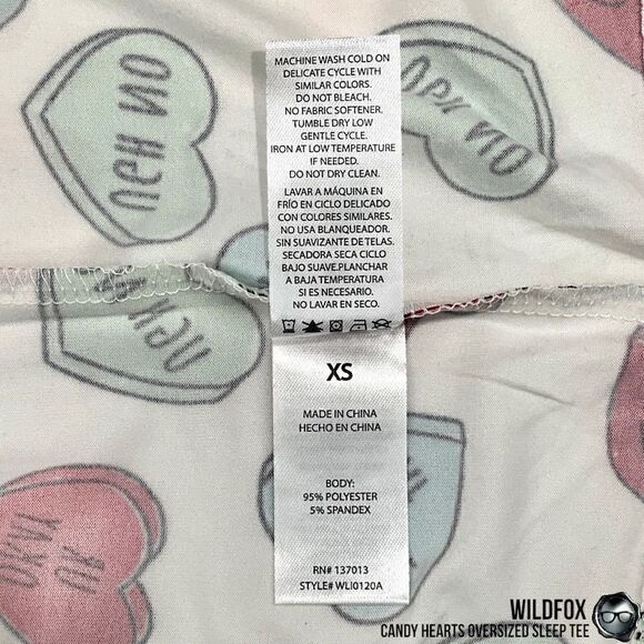 WILDFOX SLEEP CANDY HEARTS PRINT OVERSIZED SLEEP T-SHIRT IN WHITE NIGHTSHIRT NEW - Picture 9 of 15